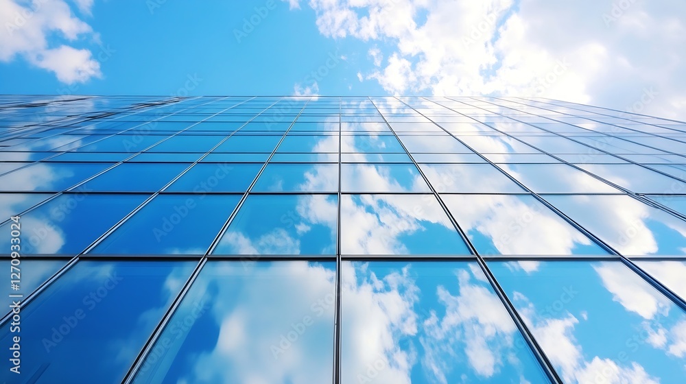 Captivating lowangle view of a modern glass building reflecting clouds in a bright blue sky : Generative AI Captivating lowangle view of a modern glass building reflecting clouds in a bright blue sky : Generative AI