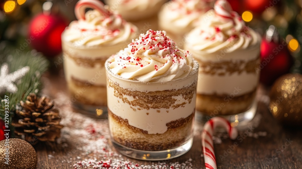 Festive dessert cups with cream, sprinkles, and candy canes, perfect for holiday celebrations. Festive dessert cups with cream, sprinkles, and candy canes, perfect for holiday celebrations.