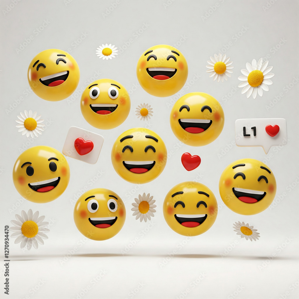 Obraz premium A Collection of 3D happy emoticons flying on a white background and daisy flowers, studio lights. International day of happiness