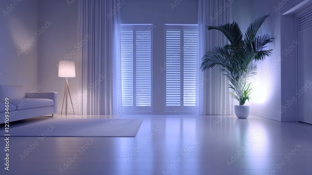 Modern living space with indoor plant and soft lighting creating a serene atmosphere during the evening Modern living space with indoor plant and soft lighting creating a serene atmosphere during the evening