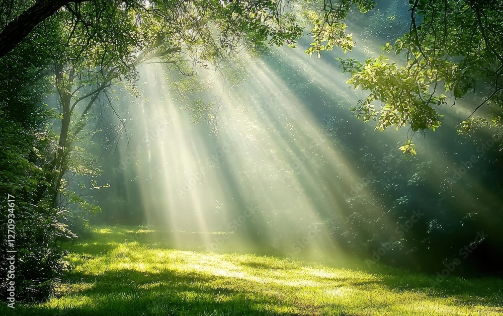 A beautiful forest untouched by pollution, sunlight beaming through trees A beautiful forest untouched by pollution, sunlight beaming through trees