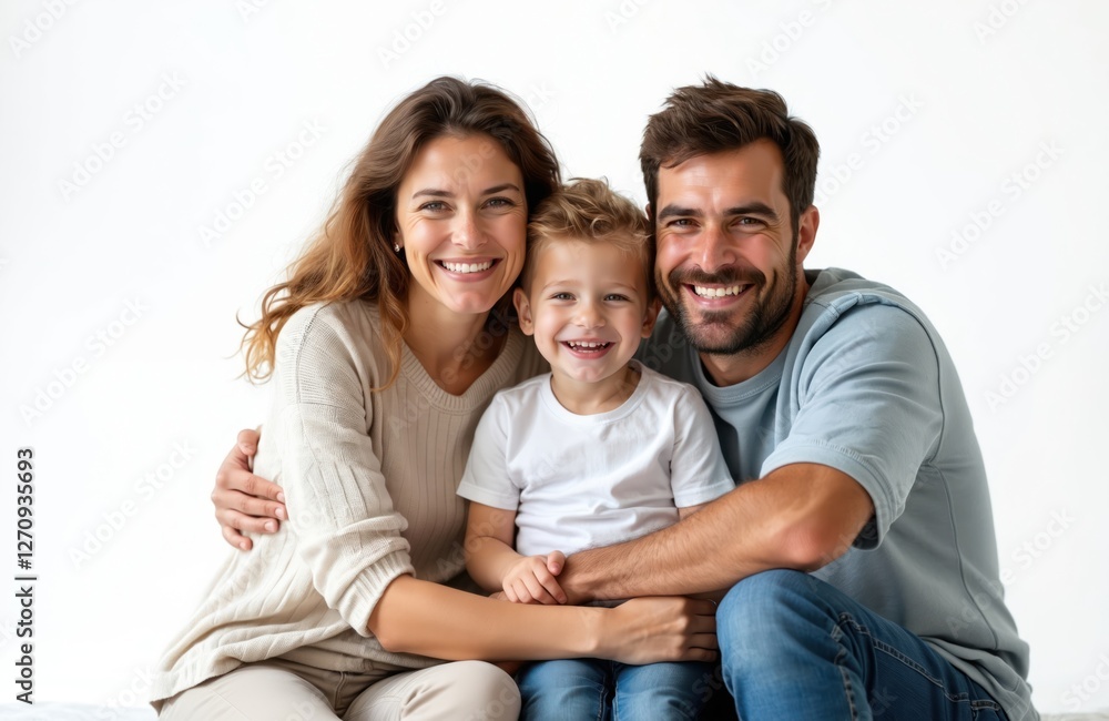 Happy family portrait on white background. Mother, father and son embrace cheerfully. Parents hug boy, all smile and feel happiness. Family bonding concept, parents with child showing love. Happy family portrait on white background. Mother, father and son embrace cheerfully. Parents hug boy, all smile and feel happiness. Family bonding concept, parents with child showing love.