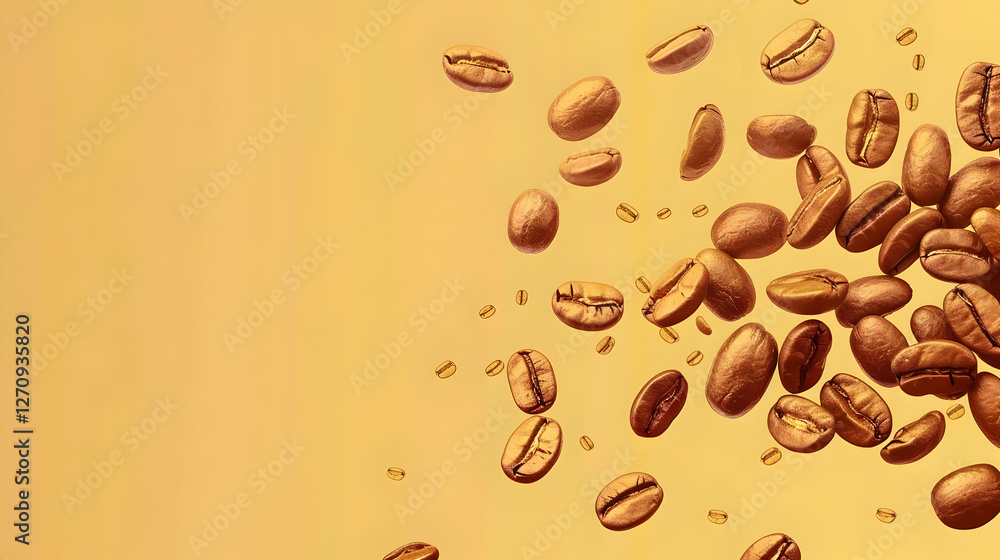 Obraz premium A vibrant display of coffee beans cascading against a warm yellow backdrop, perfect for beverage promotions