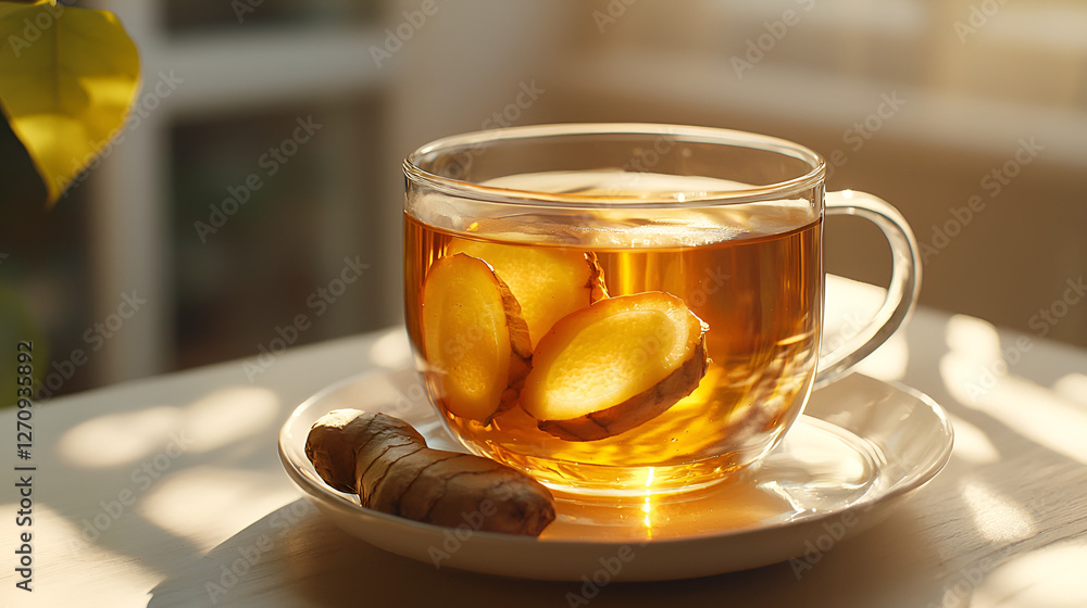 Ginger Tea: A clear mug of warm tea with ginger slices, lit by sunlight in a cozy, relaxing scene. Ginger Tea: A clear mug of warm tea with ginger slices, lit by sunlight in a cozy, relaxing scene.