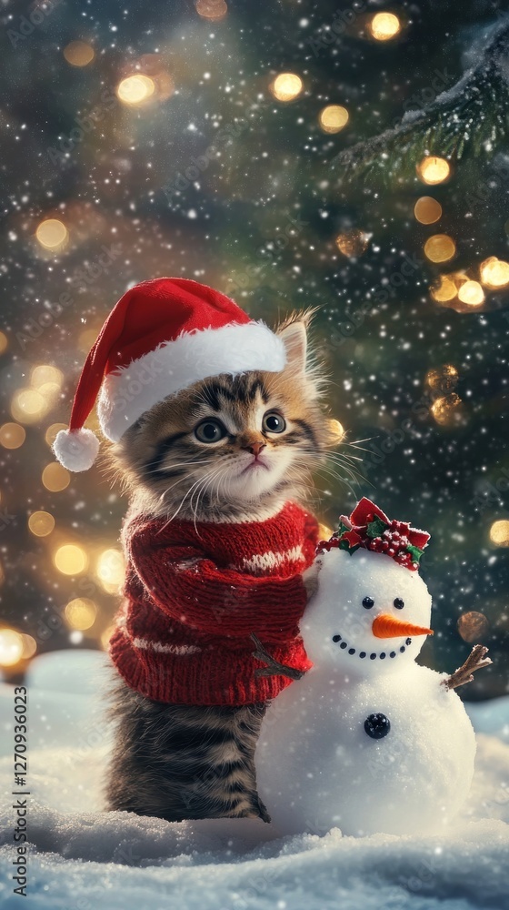 Festive feline creates winter magic with a charming snowman friend Festive feline creates winter magic with a charming snowman friend