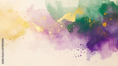 Abstract watercolor art, splashes of gold, green, purple hues, creative brush strokes, artistic design, vibrant modern decor