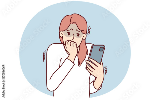 Frightened woman with phone biting nails in fear after reading bad news about approaching financial crisis. Girl with phone is afraid of threatening messages or will be on social networks