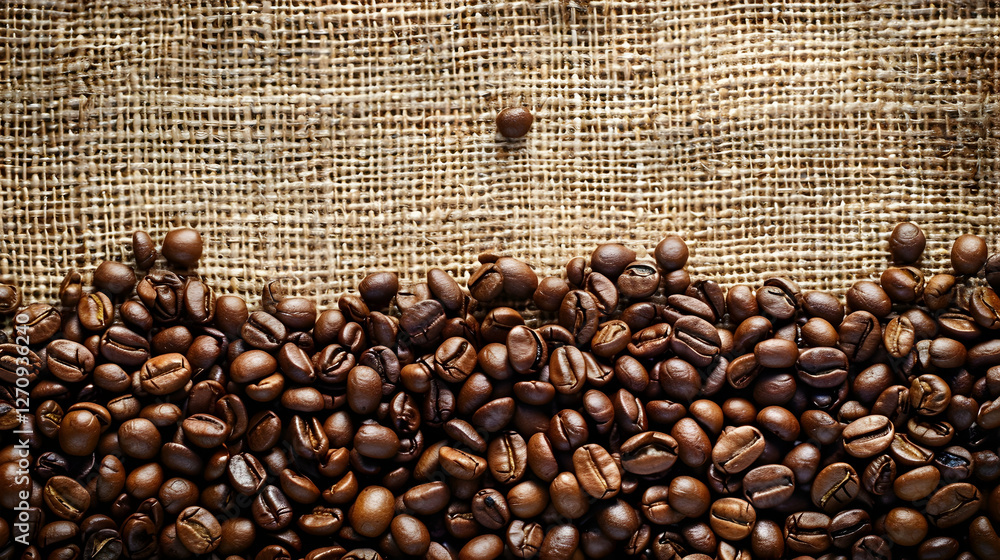 Close-up of roasted coffee beans spilling onto burlap fabric, showcasing rich textures and colors Close-up of roasted coffee beans spilling onto burlap fabric, showcasing rich textures and colors