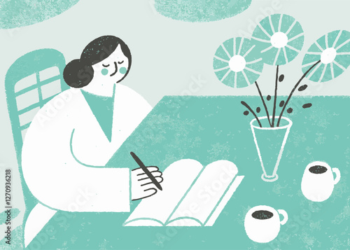 Illustration of a woman writing. Alone time. Simple and lovely touch.