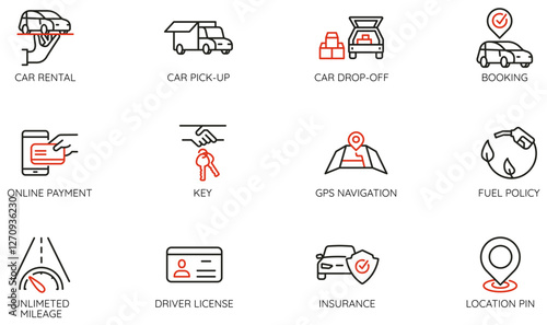 Vector Set of Linear Icons Related to car rental, booking service, and car-sharing. Mono line pictograms and infographics design elements - part 1