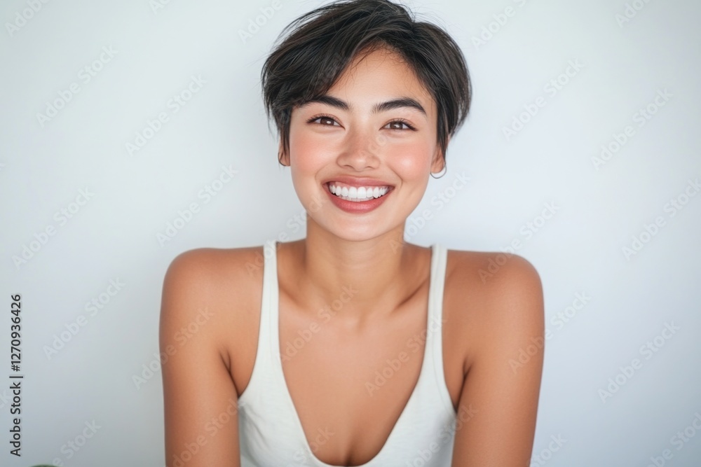 Portrait of a beautiful, smiling Asian woman with short hair, wearing a white tank top, on white background. Portrait of a beautiful, smiling Asian woman with short hair, wearing a white tank top, on white background.