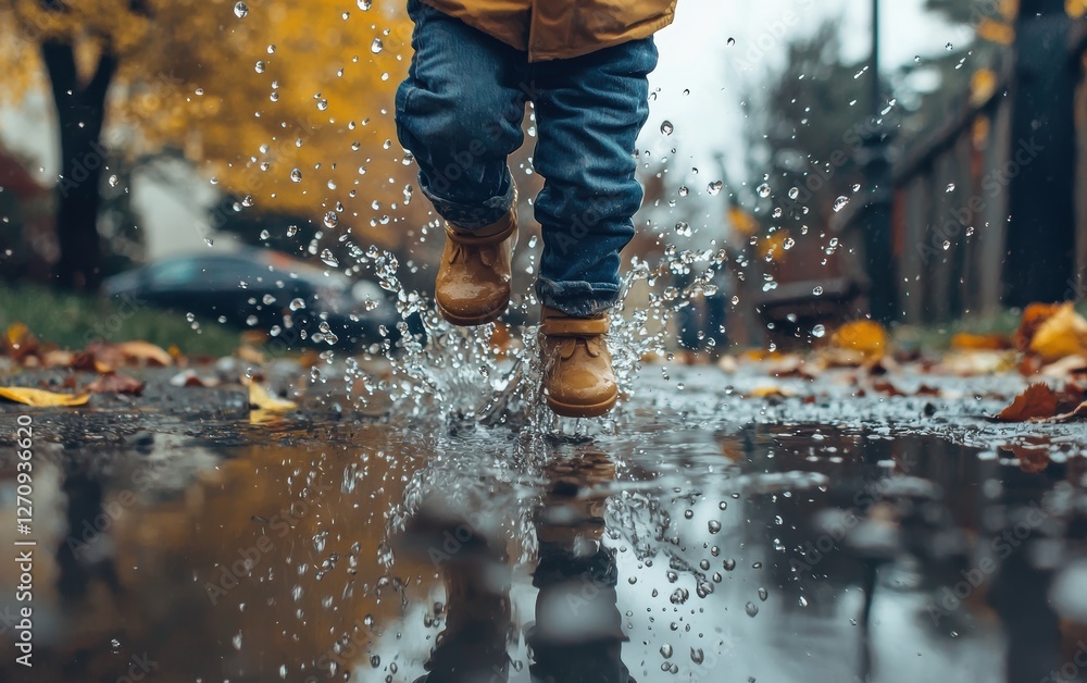 A child jumping into a puddle, raindrops frozen in mid-air A child jumping into a puddle, raindrops frozen in mid-air