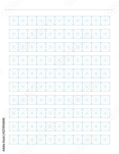 Workbook for writing hieroglyphs. Lined mesh paper for printing. Geometric pattern for school. Lined paper. Simulator for writing Chinese characters. Page of calligraphy exercises. Graph paper.