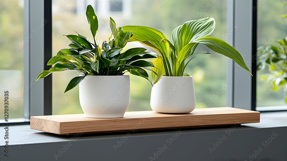 Two Potted Plants On Wooden Plank Window Sill Two Potted Plants On Wooden Plank Window Sill