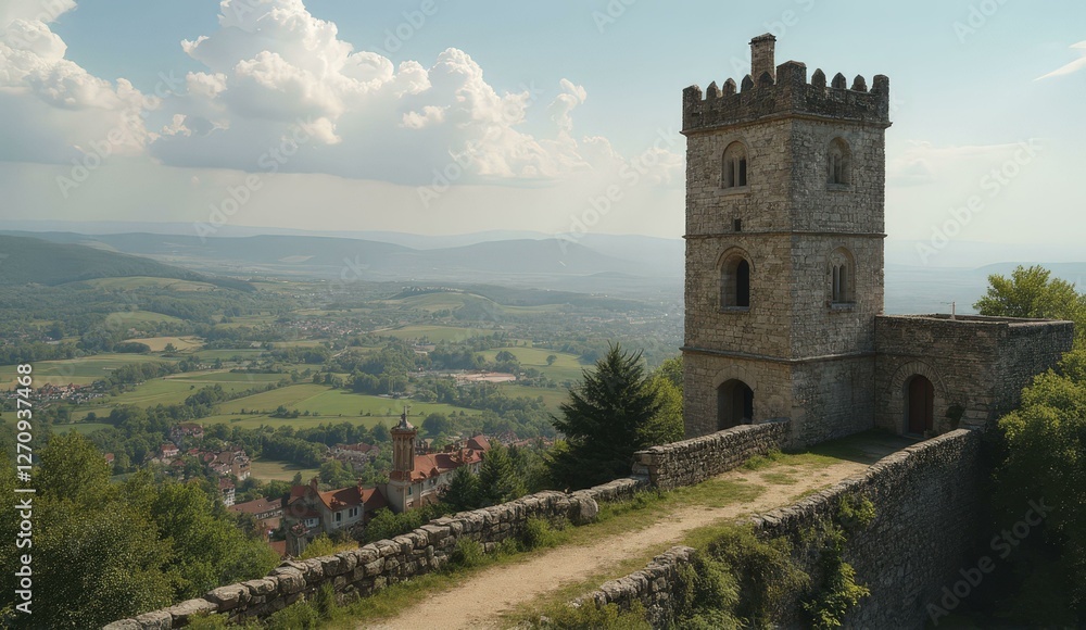 High Resolution Photo Of Medieval Stone Tower On Hilltop Overlooking Lush Countryside High Resolution Photo Of Medieval Stone Tower On Hilltop Overlooking Lush Countryside