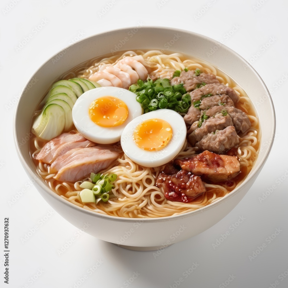 bowl of lighcolored ramen on a simple white background bowl of lighcolored ramen on a simple white background