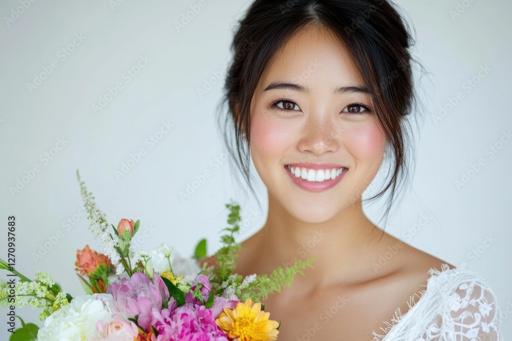 Portrait of beautiful, smiling Asian woman in white wedding dress holding colorful flowers, on a light background Portrait of beautiful, smiling Asian woman in white wedding dress holding colorful flowers, on a light background
