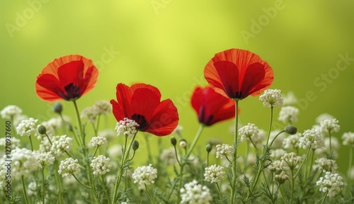 High Resolution Photo Of Red Poppies And White Baby's Breath On Soft Green Background