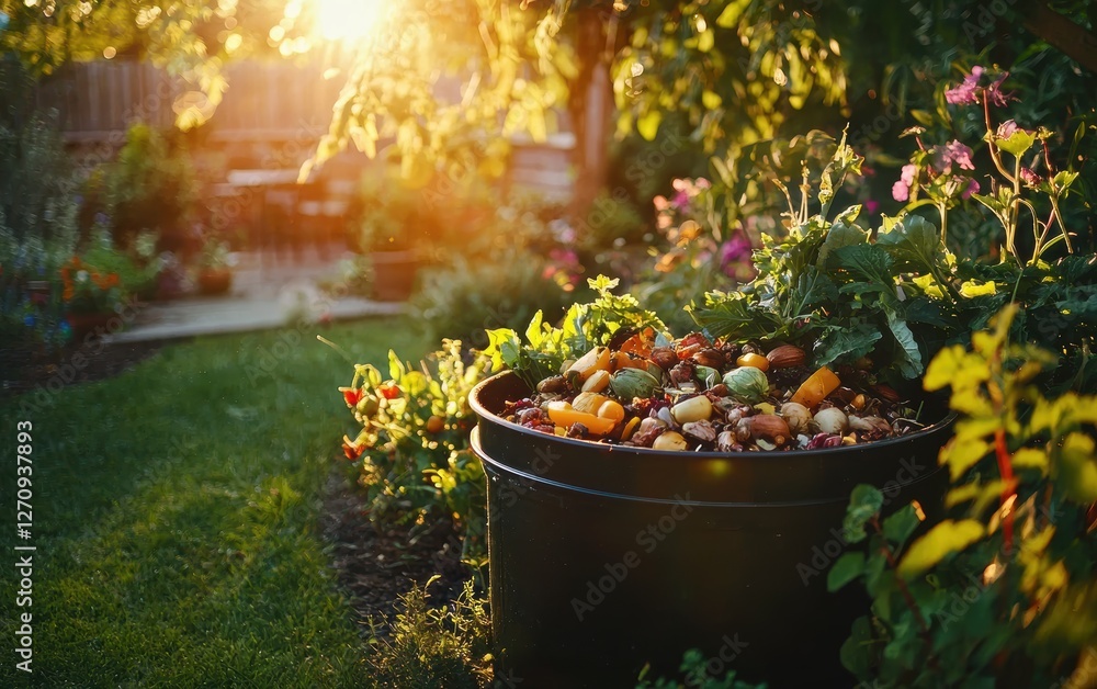 Fototapeta premium A compost bin filled with fresh food scraps in a backyard garden