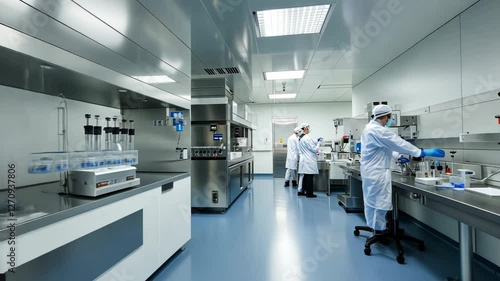 Scientists working in sterile lab with advanced equipment