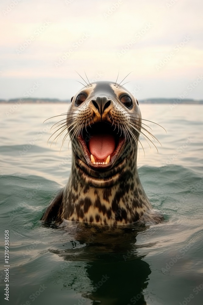 Fototapeta premium Curious Seal Popping Out of the Water with Mouth Open in a Coastal Ocean Environment