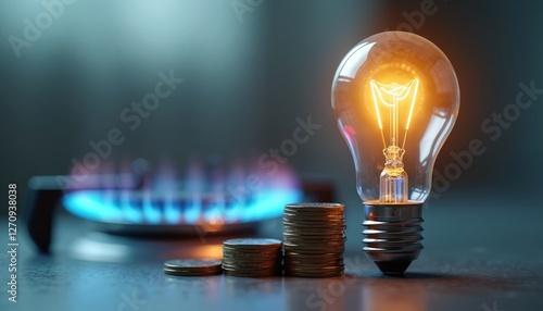 Photo of glowing light bulb and lit gas cooker with stack of coins. Concept of rising energy and gas costs, utility bill increase, energy saving, cost of living crisis, sustainability and ecology.