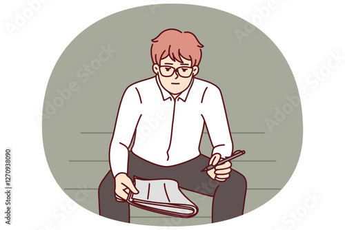 Unemployed man with newspaper is looking for vacancies while sitting on park bench. Unemployed guy in formal wear chooses places to send resume and sign up for interview with recruiter