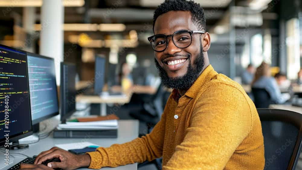 Smiling programmer coding in busy office Smiling programmer coding in busy office