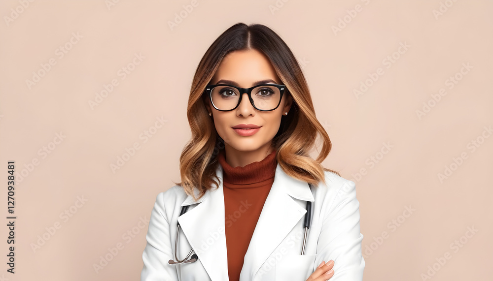 Confident Female Doctor with Glasses in a Stylish White Coat Posing Against a Soft Neutral Background Exuding Professionalism and Elegance While Showcasing Contemporary Fashion and Personal Style Confident Female Doctor with Glasses in a Stylish White Coat Posing Against a Soft Neutral Background Exuding Professionalism and Elegance While Showcasing Contemporary Fashion and Personal Style
