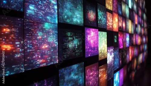 Wall of colorful digital displays showing abstract data photo