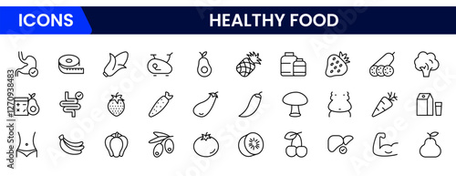 Nutrition set of web icons in line style. Healthy food linear icon collection. Containing food, vegetables, water, palm oil free, сaunt calories, zero trans fat, probiotics and more.