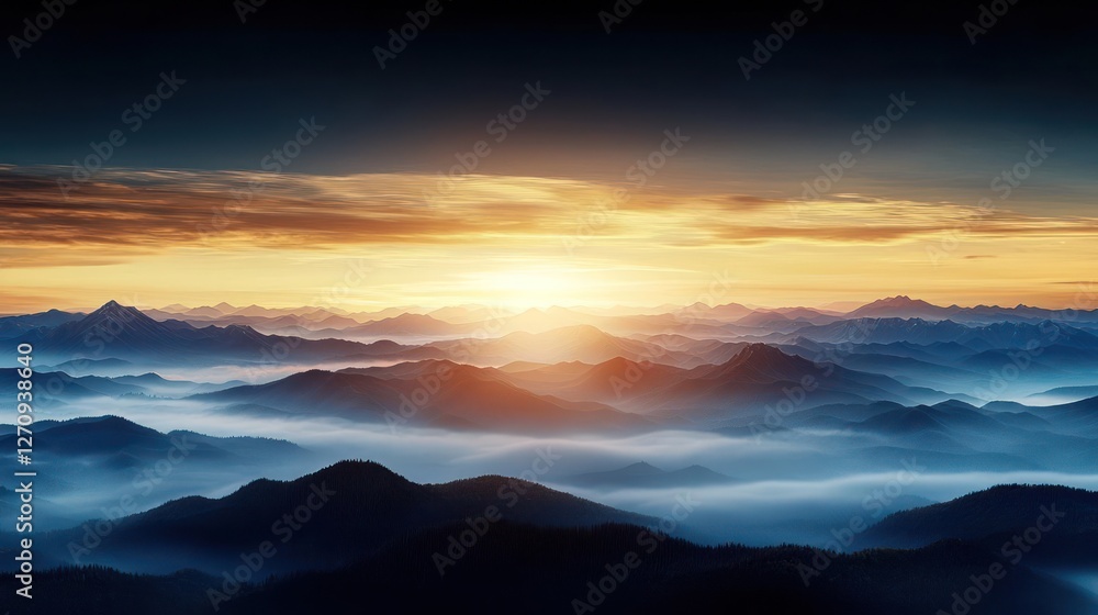 Fototapeta premium Dramatic Sunrise Over Foggy Mountain Landscape