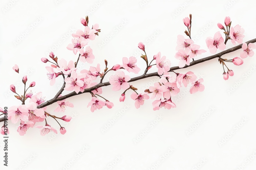 Delicate Cherry Blossom Branch with Soft Pink Flowers on White Background Delicate Cherry Blossom Branch with Soft Pink Flowers on White Background