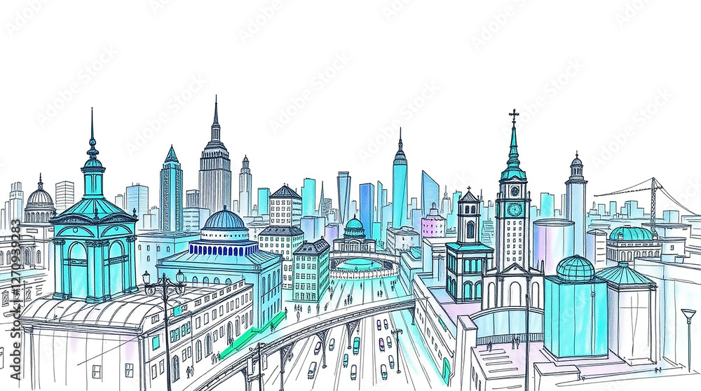 Fototapeta premium Cityscape Sketch Cooltoned Urban Panorama with Architectural Details