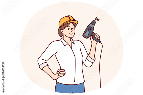 Woman with electric drill and hardhat for construction work or renovation premises is dressed in formal clothes. Girl foreman or construction company manager posing with equipment to create holes
