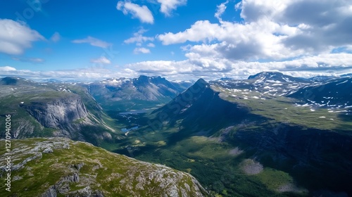 Breathtaking panoramic view of majestic mountains and valleys under a bright blue sky : Generative AI photo