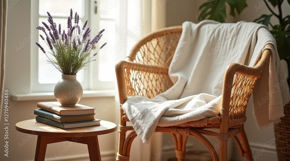 Cozy indoor setting with rattan chair and fresh lavender arrangement Cozy indoor setting with rattan chair and fresh lavender arrangement