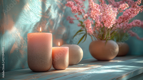 Soft pink candles and delicate flowers in ceramic vases on rustic wooden table
