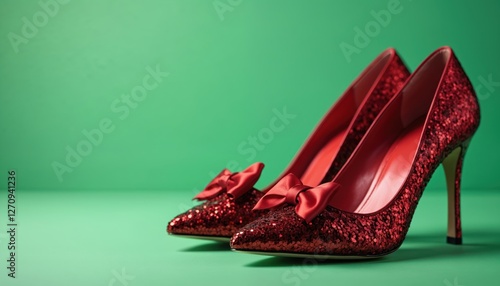 Shiny ruby red shoes with bows, on emerald green background. Sparkly slippers close up. Vintage glamour, hollywood style footwear for fashion, holiday sale ads with copyspace.