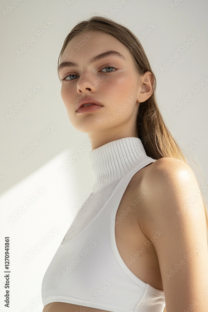 Woman in sportswear posing in minimalist studio with white walls Woman in sportswear posing in minimalist studio with white walls