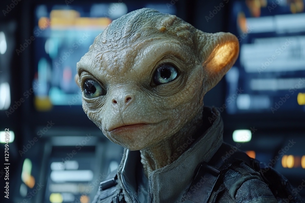 Alien character engaged in a mission inside a high-tech spaceship with digital interfaces in the background Alien character engaged in a mission inside a high-tech spaceship with digital interfaces in the background