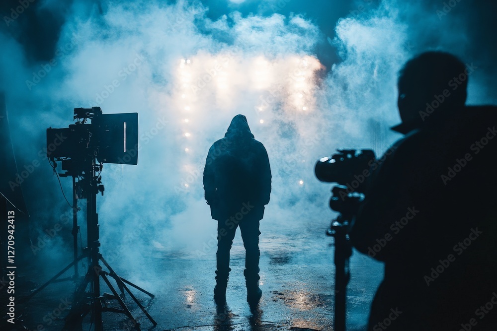 Fototapeta premium Dark silhouette of a person standing in a foggy environment with bright lights during a film shoot