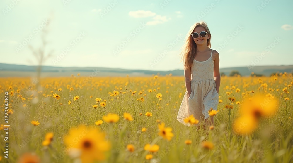 Girl walking in a sunflower field during a sunny day in summer Girl walking in a sunflower field during a sunny day in summer