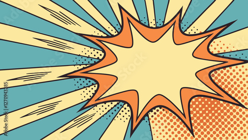 Cartoon-style explosion with radial lines and halftone patterns, perfect for comic book speech bubbles in pop art background
