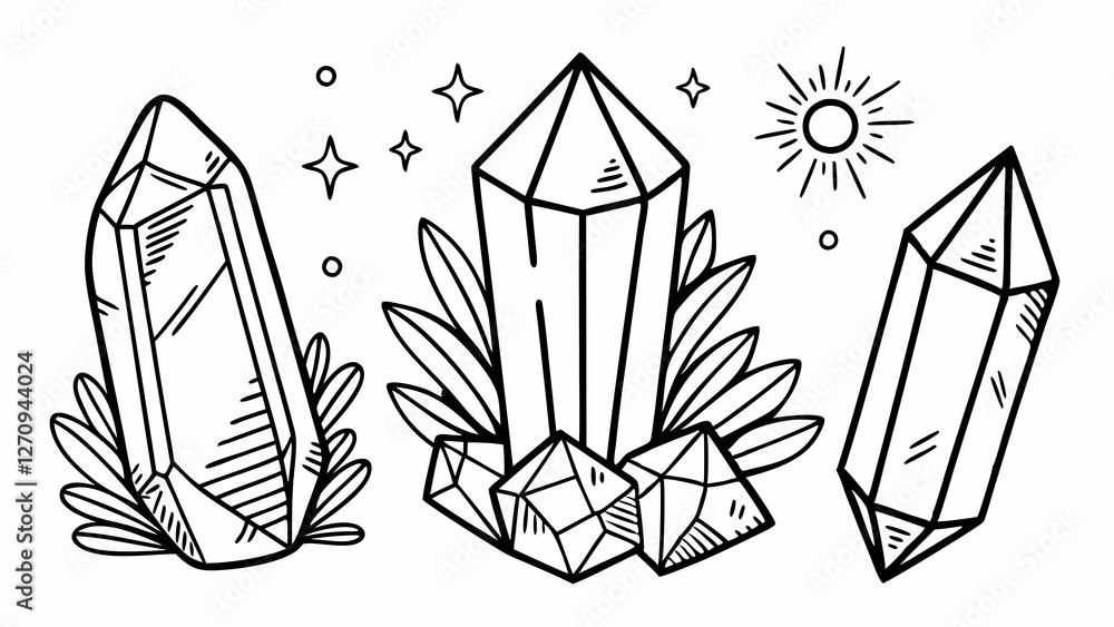 Minimalist black and white gemstone and crystal illustration with sparkling effects in hand-drawn style