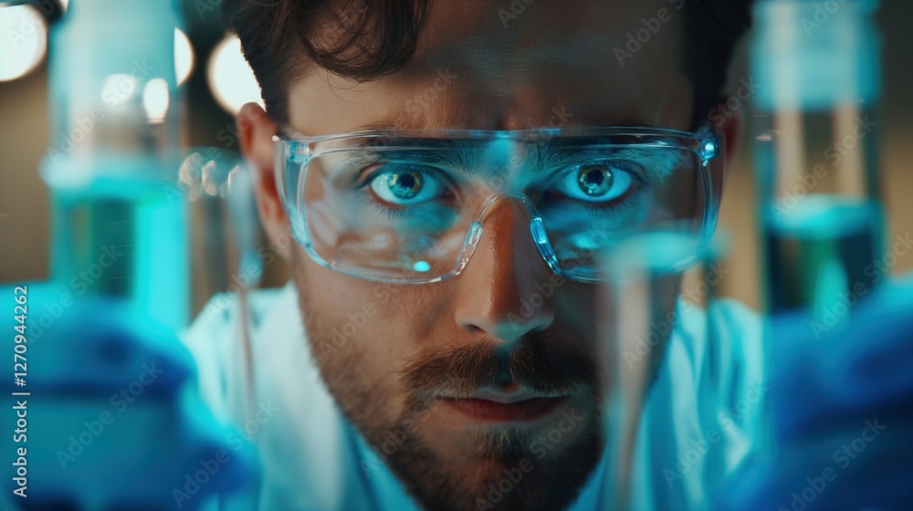 Intense scientist gaze examining lab results in blue light closeup image. Caucasian male researcher, chemical analysis close up photography. Scientific occupation concept photo realistic Intense scientist gaze examining lab results in blue light closeup image. Caucasian male researcher, chemical analysis close up photography. Scientific occupation concept photo realistic