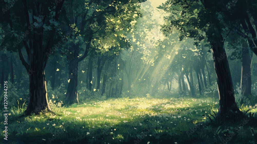A serene forest with tall trees, their leaves rustling in the breeze, sunlight filtering through the branches and casting dappled shadows on the ground. A serene forest with tall trees, their leaves rustling in the breeze, sunlight filtering through the branches and casting dappled shadows on the ground.