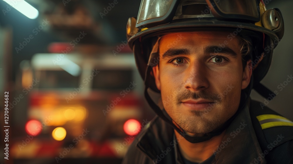 Determined young adult man firefighter in action-ready gear portrait image. Fireman fire fighter picture photorealistic photography. Emergency responder concept photo realistic Determined young adult man firefighter in action-ready gear portrait image. Fireman fire fighter picture photorealistic photography. Emergency responder concept photo realistic