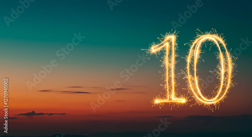 The number 10 is drawn with glowing golden yellow sparks, a dreamy and imaginative night scene with a sky ranging in color from azure to dark blue with space for copying, generative ai