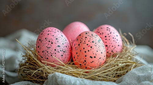 Pink speckled eggs in a nest. AI.